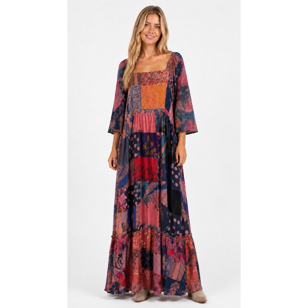 Earthbound Trading Boho Smocked Patchwork Maxi Dress XXL Hippie Flowy Festival